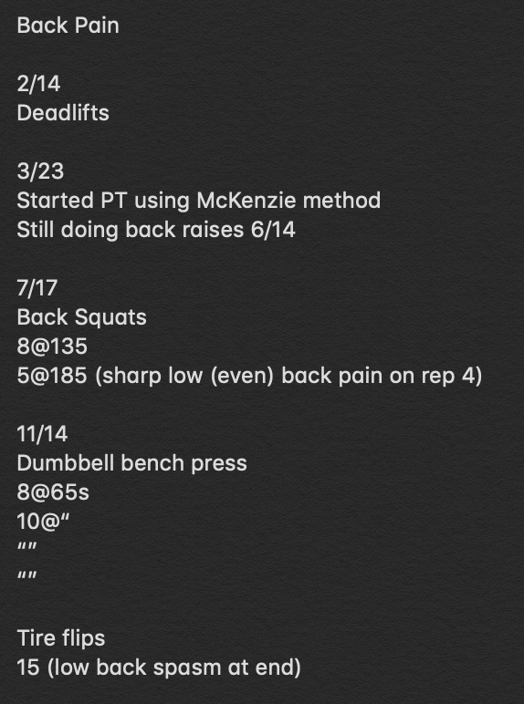 shows part of the injury record provided to physical therapist